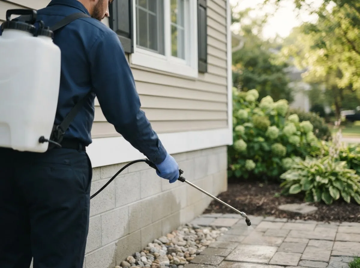 Pest control technician inspecting a home in Bradshaw, NE